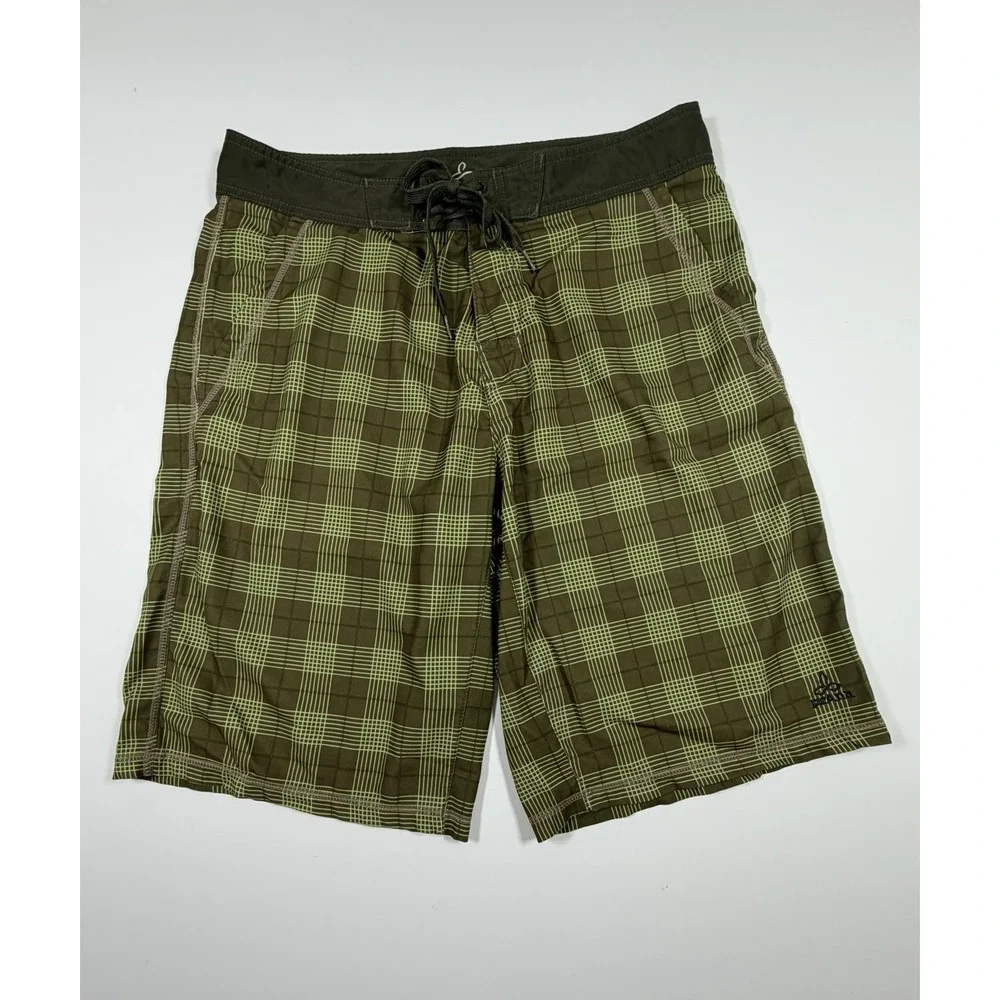 Prana Boardshorts Mens 34 Green Brown Plaid Swim Trunks Surf Summer Breathe